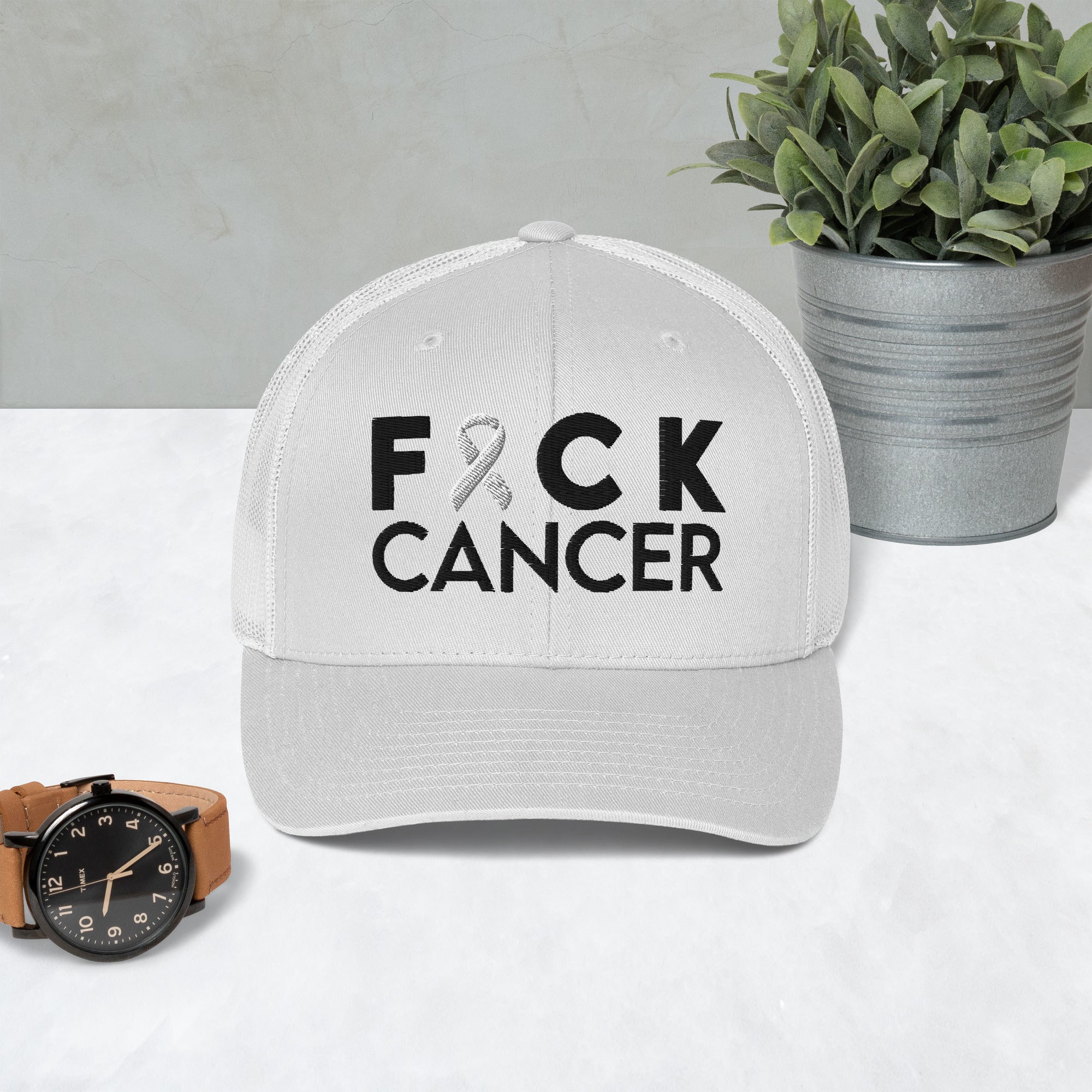 Fuck Cancer Embroidered White Trucker Cap | Snarky Cancer Hat